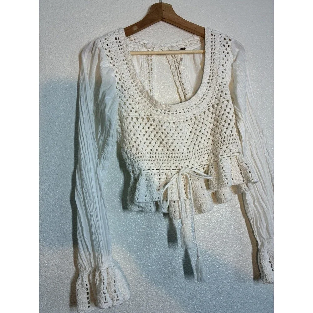 Free People Megan Crochet Top Womens Small White Cropped Bell Sleeve Boho Top